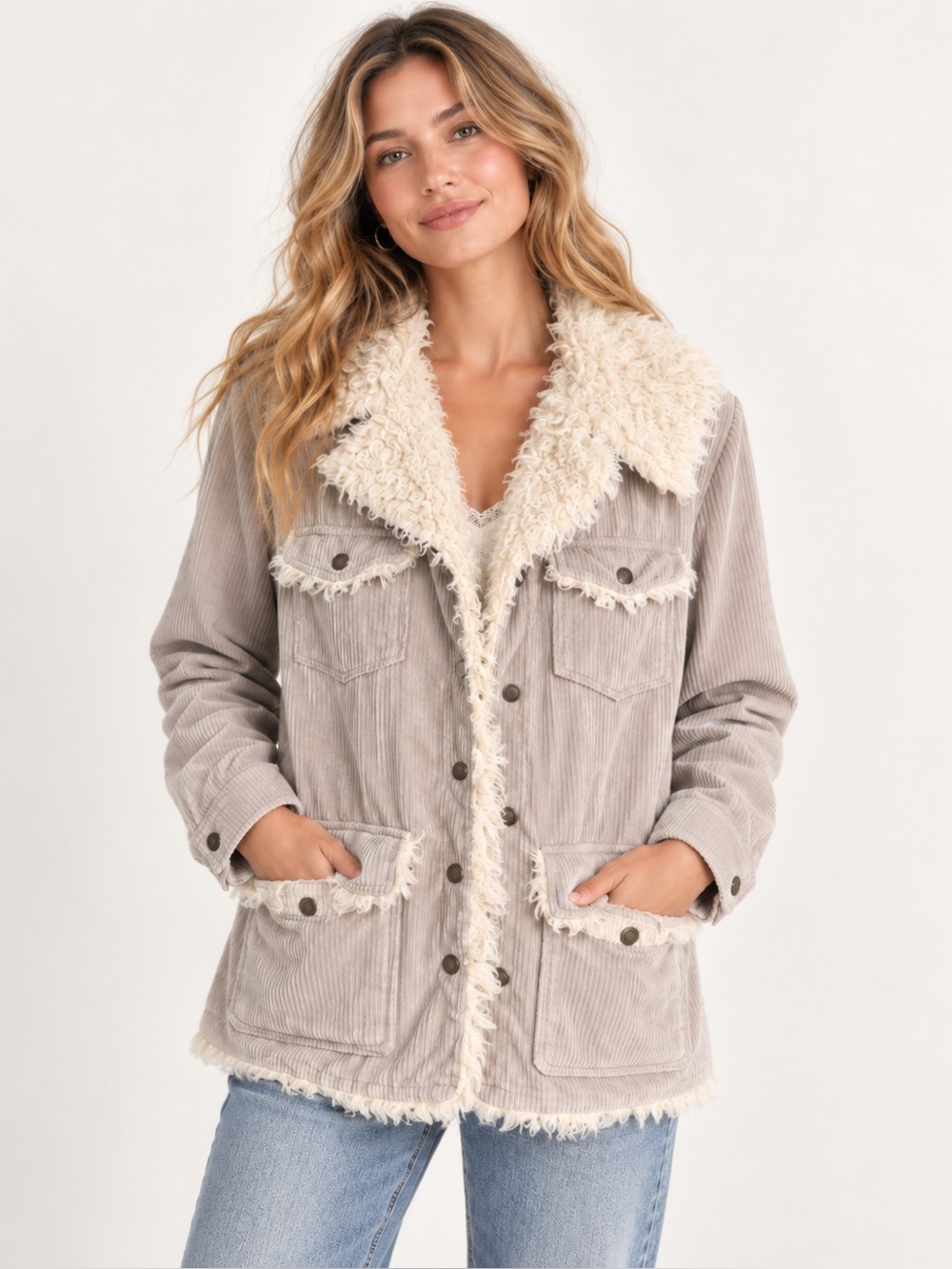 Kut from the Kloth Taupe Corduroy Teddy Jacket with Cream Sherpa
